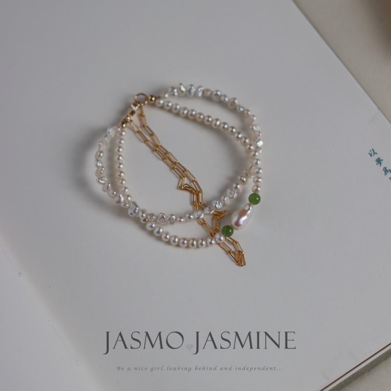 3.5-4.0mm Double Strand White Freshwater Pearl Jade Bracelet