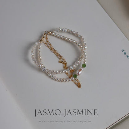 3.5-4.0mm Double Strand White Freshwater Pearl Jade Bracelet