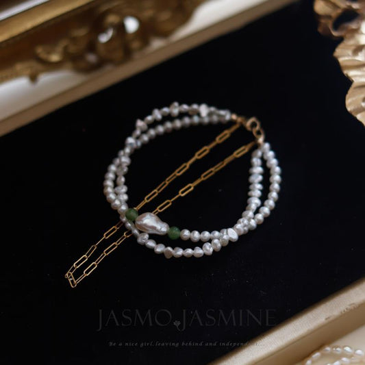 3.5-4.0mm Double Strand White Freshwater Pearl Jade Bracelet