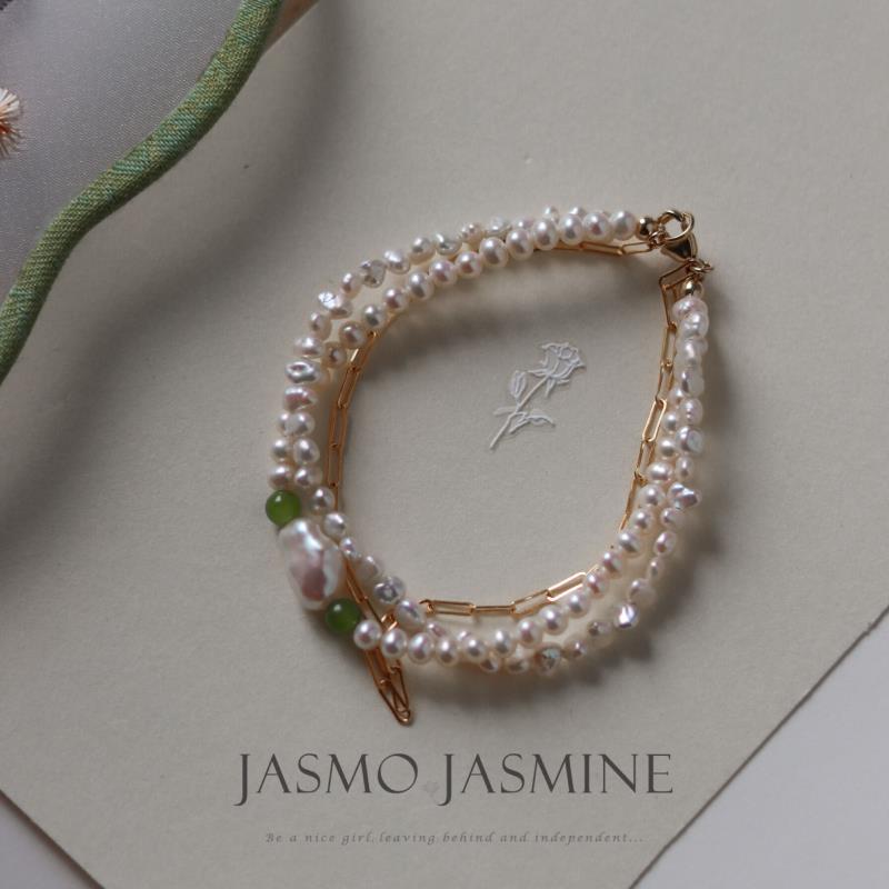 3.5-4.0mm Double Strand White Freshwater Pearl Jade Bracelet