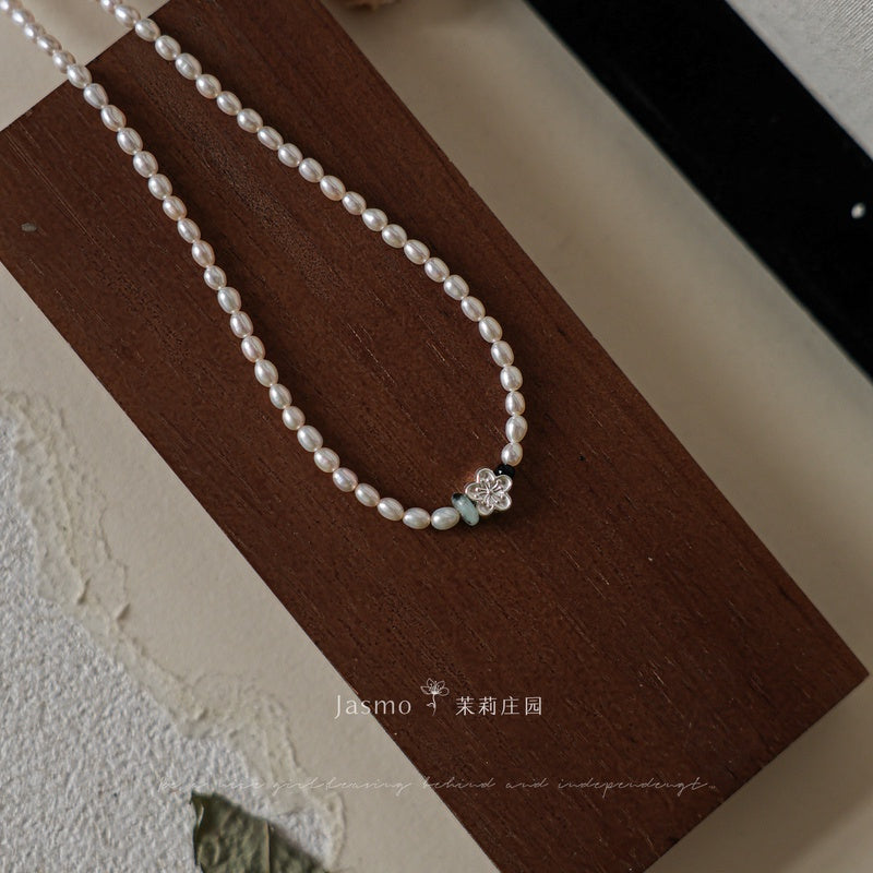 3.5-4mm Freshwater Pearl Silver Flower Necklace