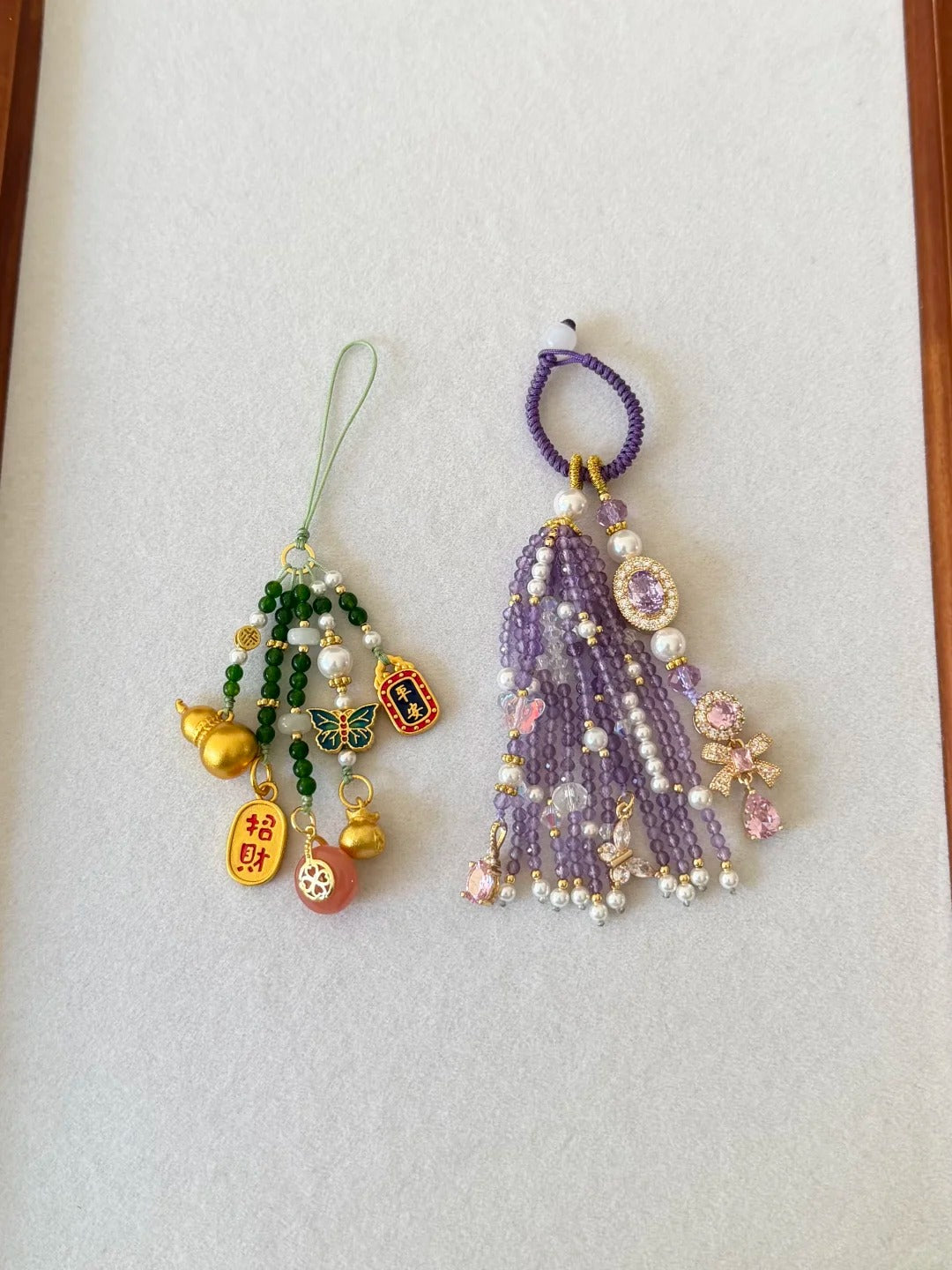 Chinoiserie Green And Purple Beaded Pendant | Phone Holders/Stands/Charm | Three Fleas