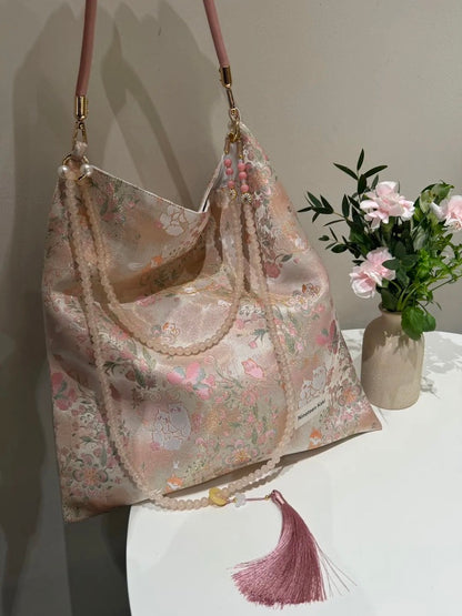 [Chinoiserie] Pink Cute Cat Beaded Tassel Silk Bag