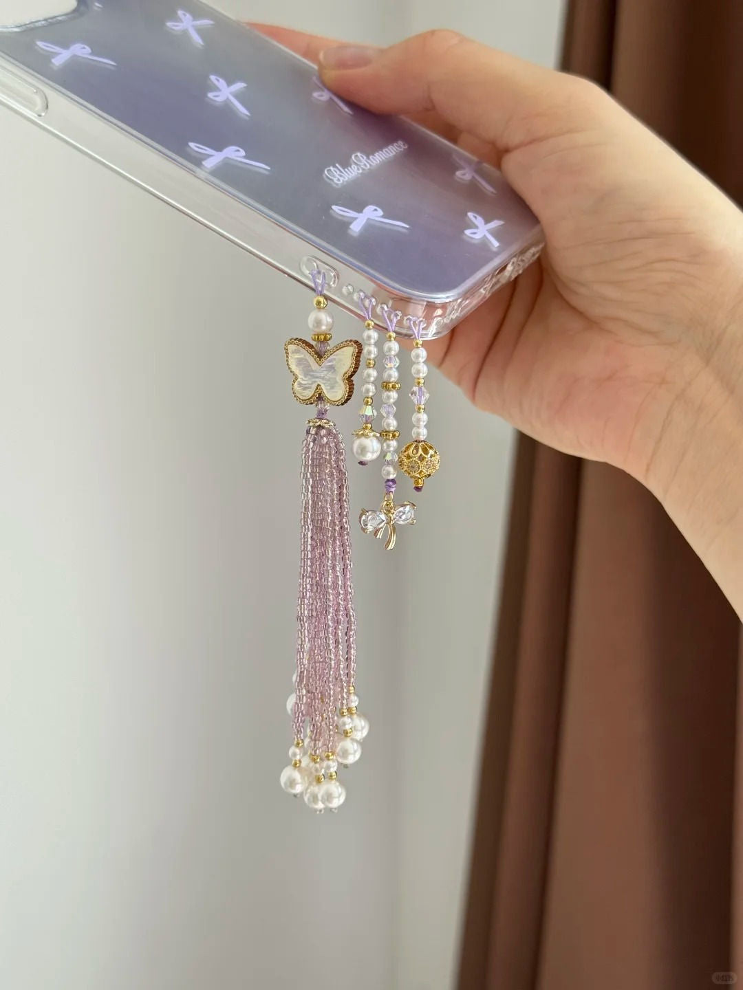Pink Butterfly Beaded Tassel Pendant With Phone Case