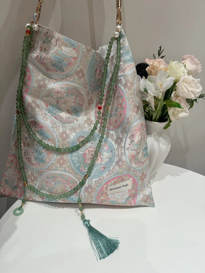 [Chinoiserie] Pink Flower Crane Beaded Tassel Silk Bag