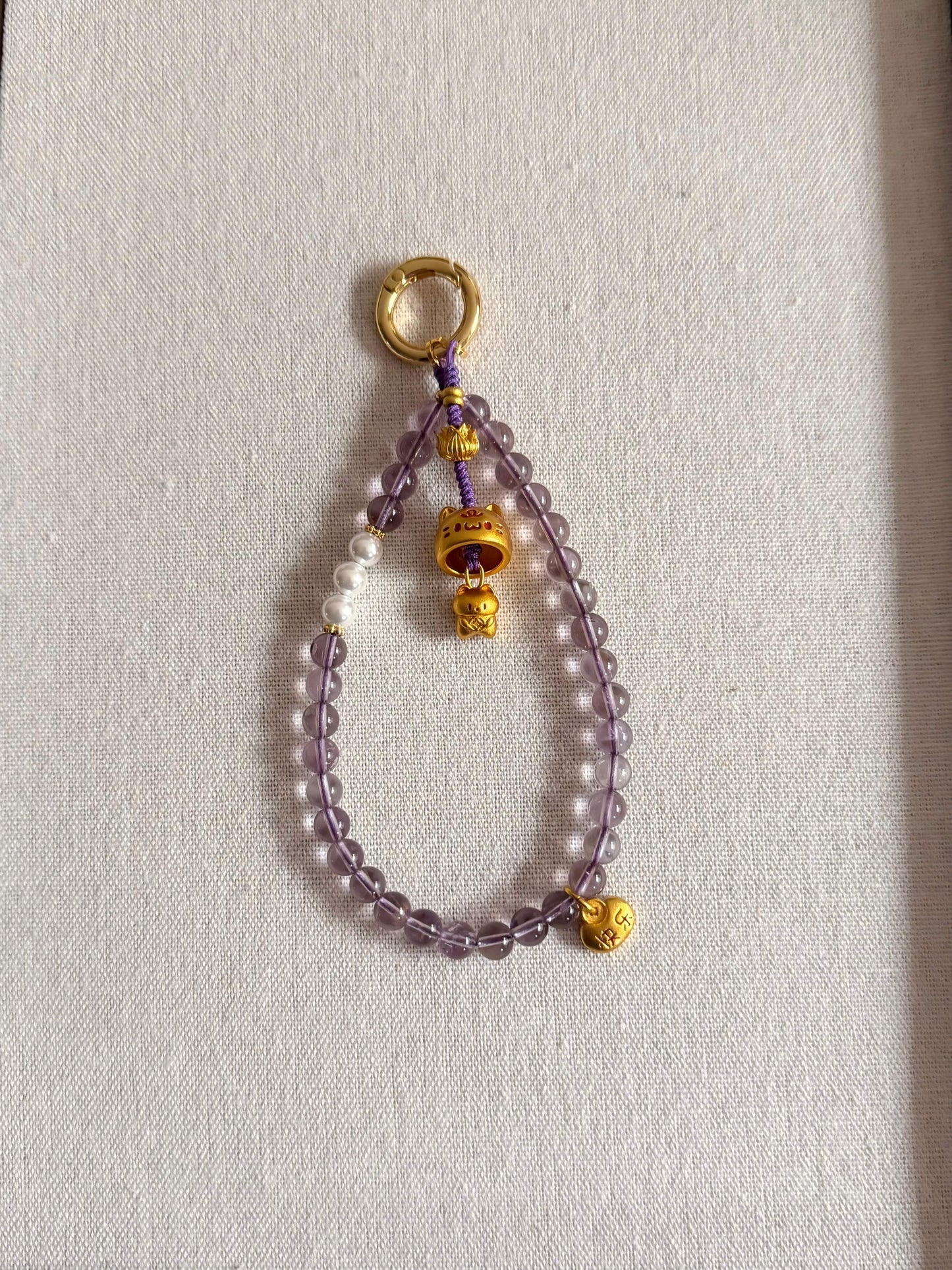 Chinoiserie Purple Crystal Beaded Cat Key Chain | Phone Holders/Stands/Charm | Three Fleas