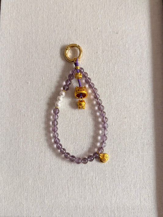 Chinoiserie Purple Crystal Beaded Cat Key Chain | Phone Holders/Stands/Charm | Three Fleas