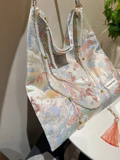 [Chinoiserie] White Cat Beaded Tassel Silk Bag