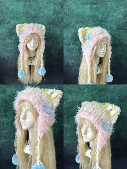 Plush Animal Ear Pom-Pom Crochet Hat