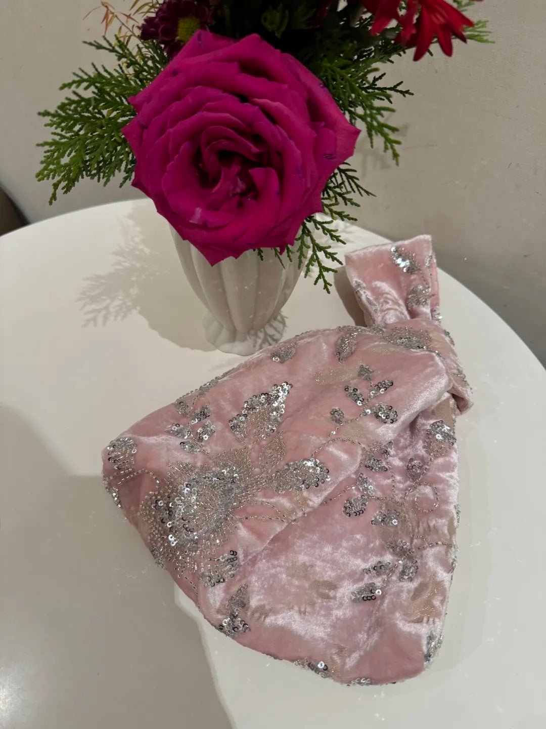 Pink Beaded Velvet Triangle Clutch
