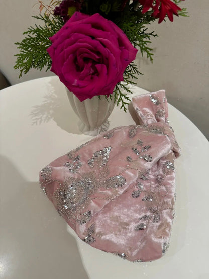 Pink Beaded Velvet Triangle Clutch
