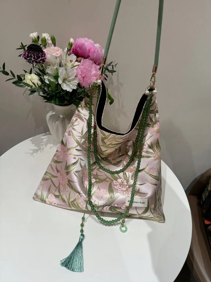 [Chinoiserie] Pink Peach Blossom Bamboo Leaf Beaded Tassel Silk Bag