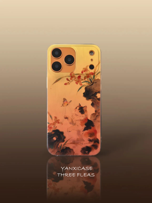 Chinoiserie Lucky Calico Cat Laser Metallic Phone Case-YX