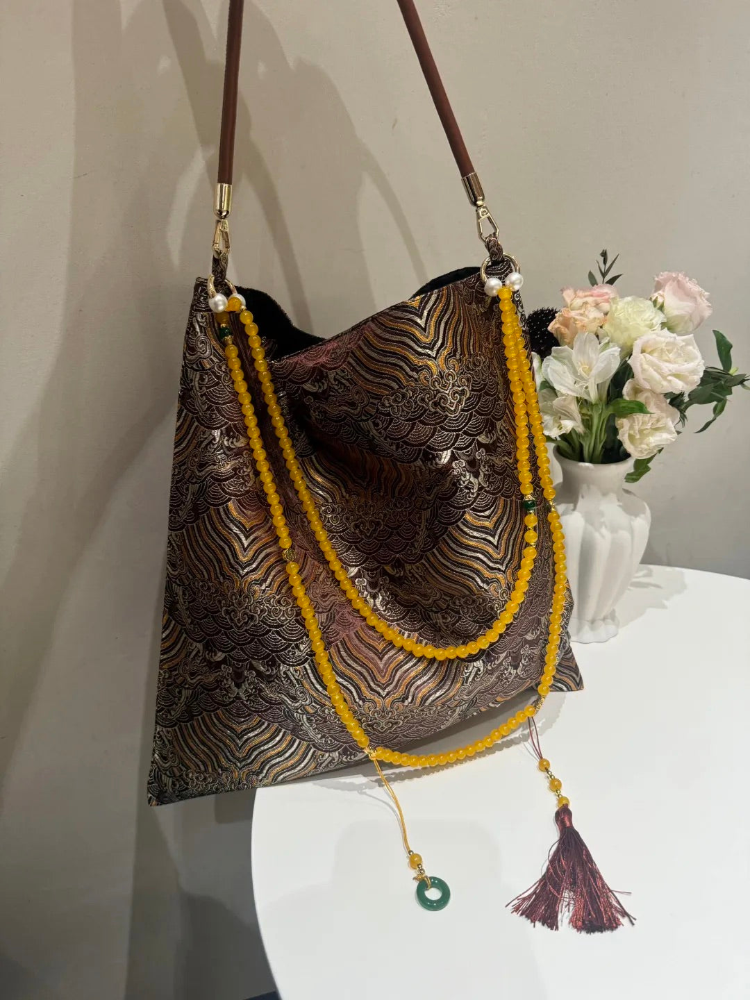 [Chinoiserie] Tree Rings Beaded Tassel Silk Bag