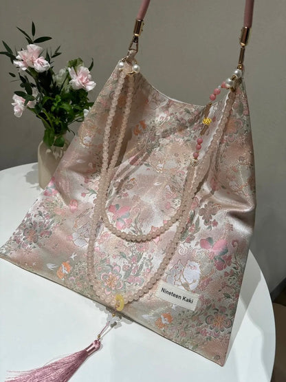 [Chinoiserie] Pink Cute Cat Beaded Tassel Silk Bag