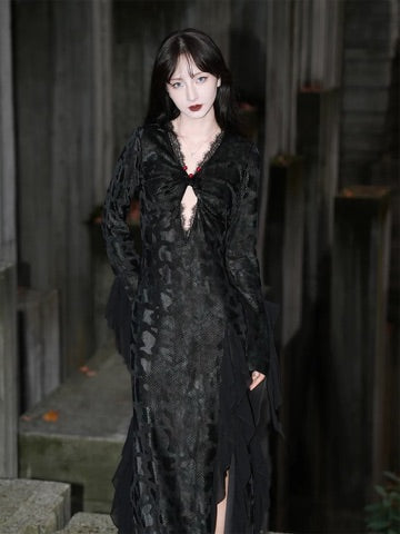 Black Python High-Slit New Chinese Lace Dress