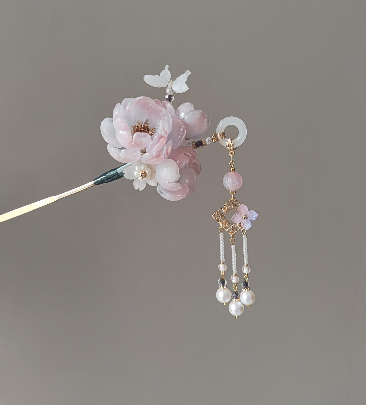 Chinoiserie Ombre Pink Floral Beaded Tassel Hairpin