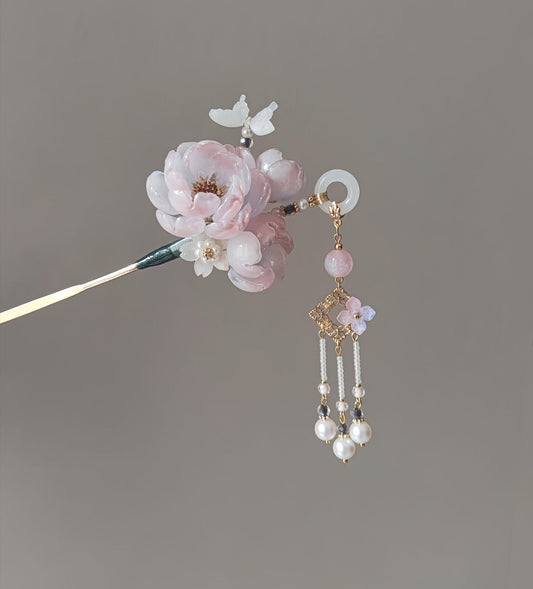 Chinoiserie Ombre Pink Floral Beaded Tassel Hairpin | Hairpin | Three Fleas