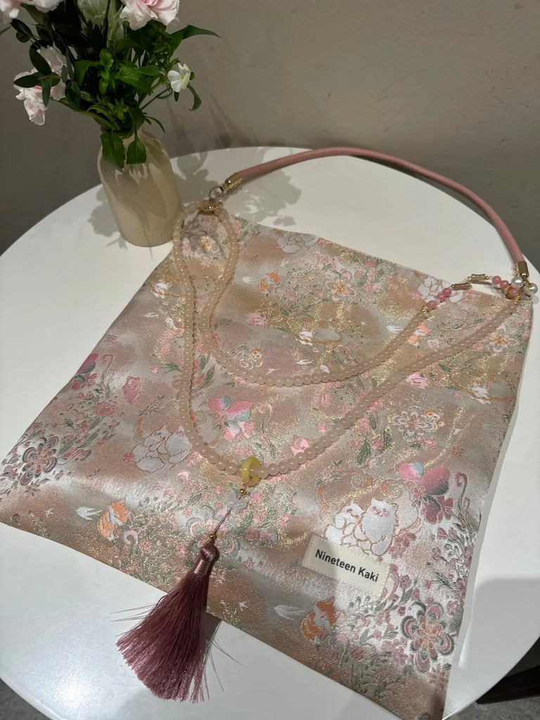 [Chinoiserie] Pink Cute Cat Beaded Tassel Silk Bag