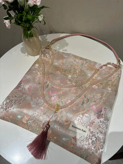 [Chinoiserie] Pink Cute Cat Beaded Tassel Silk Bag