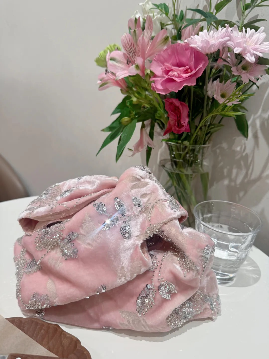 Pink Beaded Velvet Triangle Clutch
