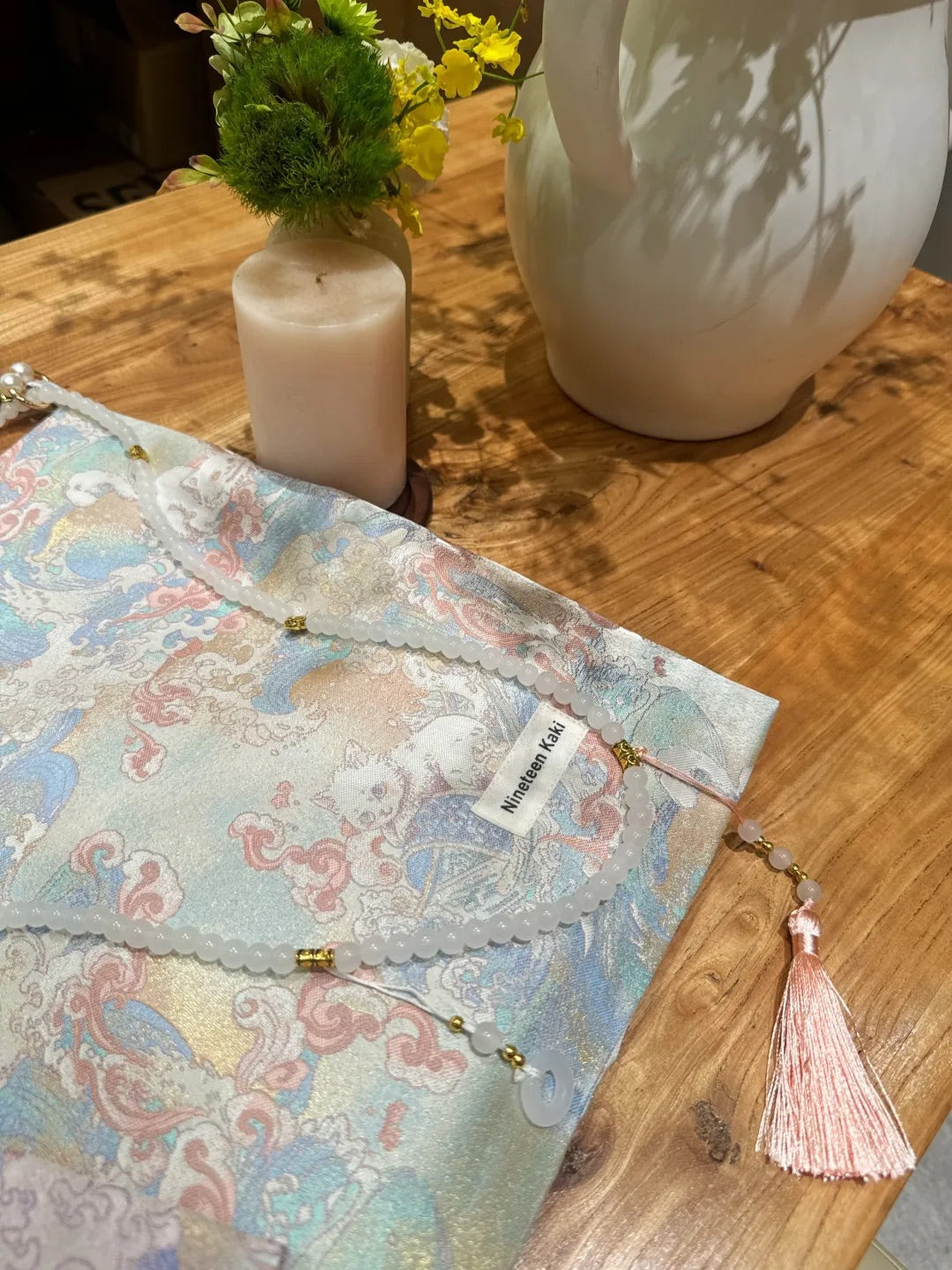 [Chinoiserie] White Cat Beaded Tassel Silk Bag