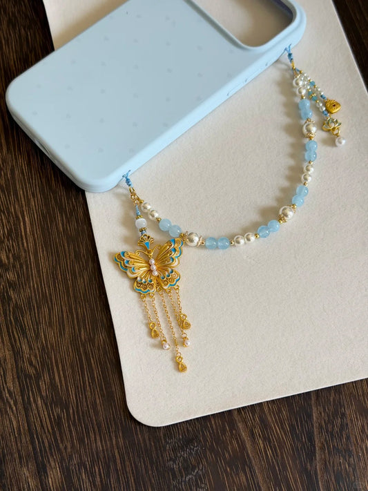 Sky Blue & Pearl Tassel Pendant With Phone Case