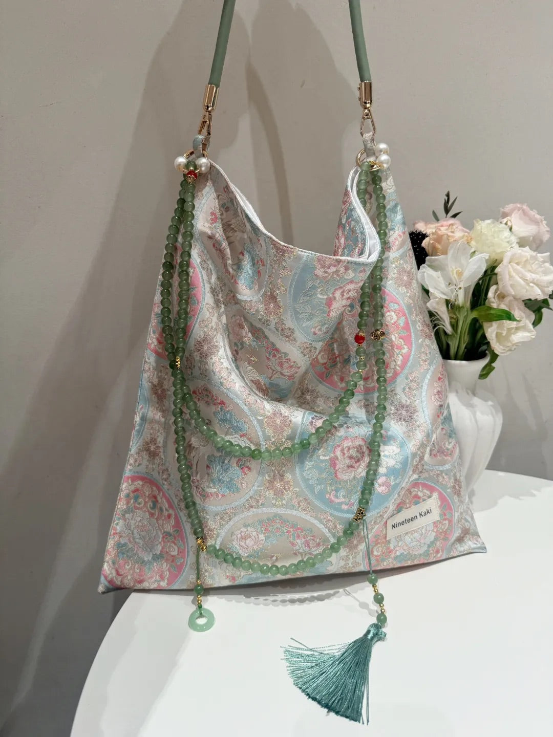 [Chinoiserie] Pink Flower Crane Beaded Tassel Silk Bag