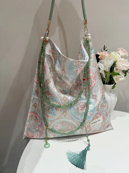 [Chinoiserie] Pink Flower Crane Beaded Tassel Silk Bag