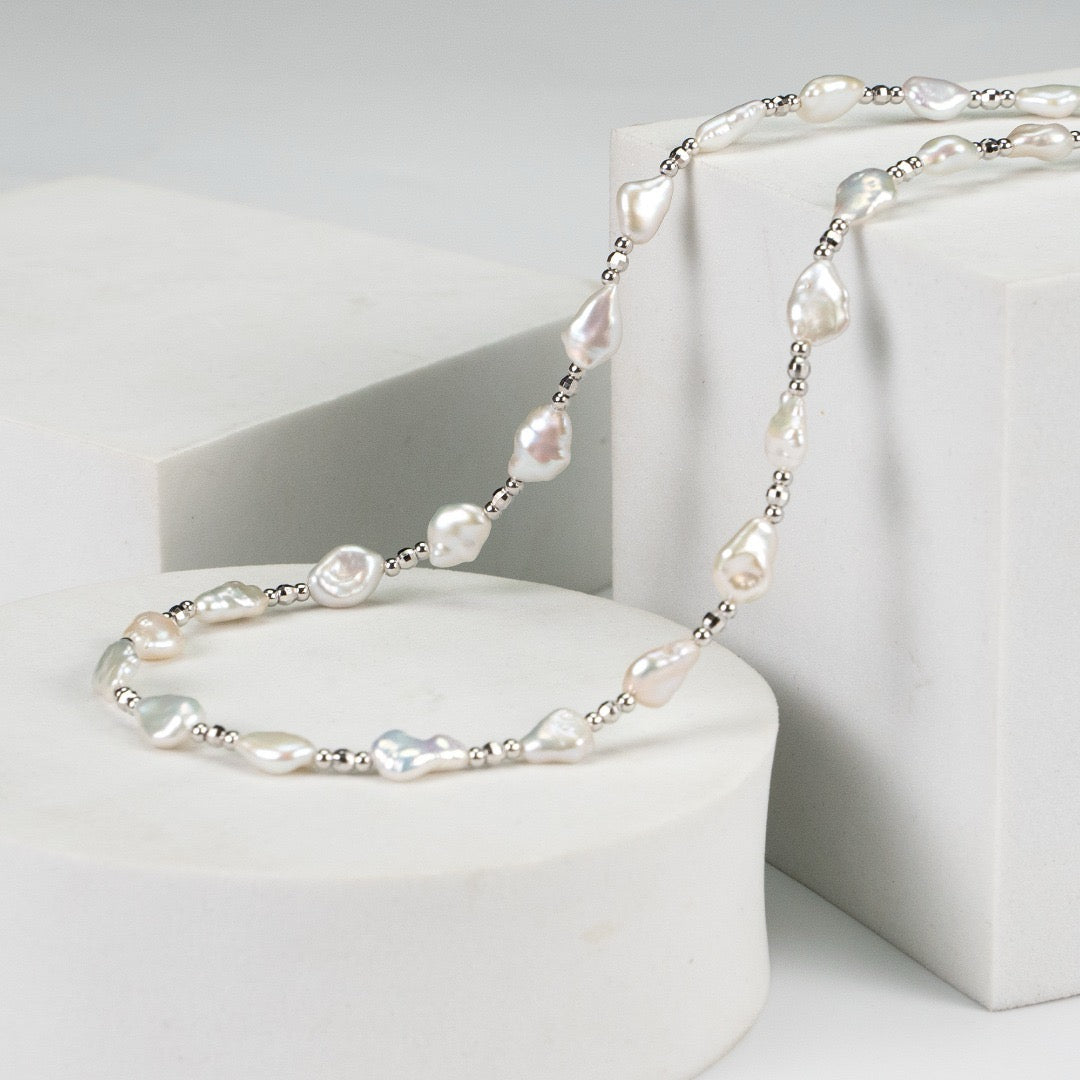 6.0-7.0mm Baroque Pearl Silver Beaded Necklace