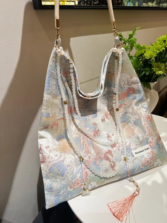 [Chinoiserie] White Cat Beaded Tassel Silk Bag