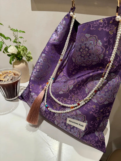 [Chinoiserie] Luxury Purple Beaded Tassel Silk Bag