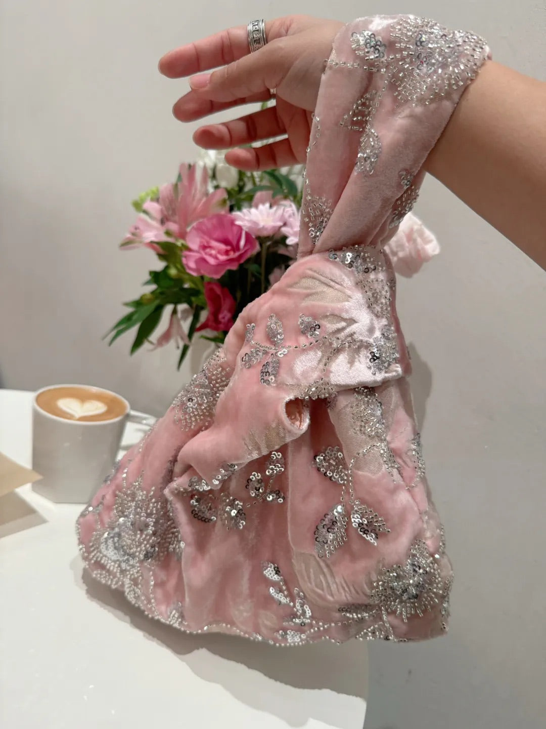 Pink Beaded Velvet Triangle Clutch