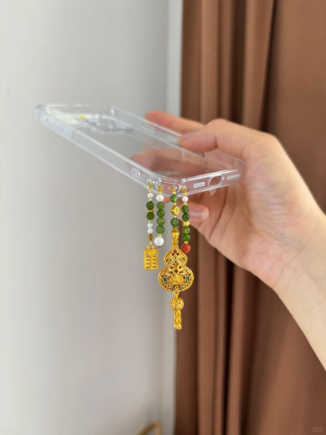 Gold Hollow Gourd Jade Bead Pendant With Phone Case