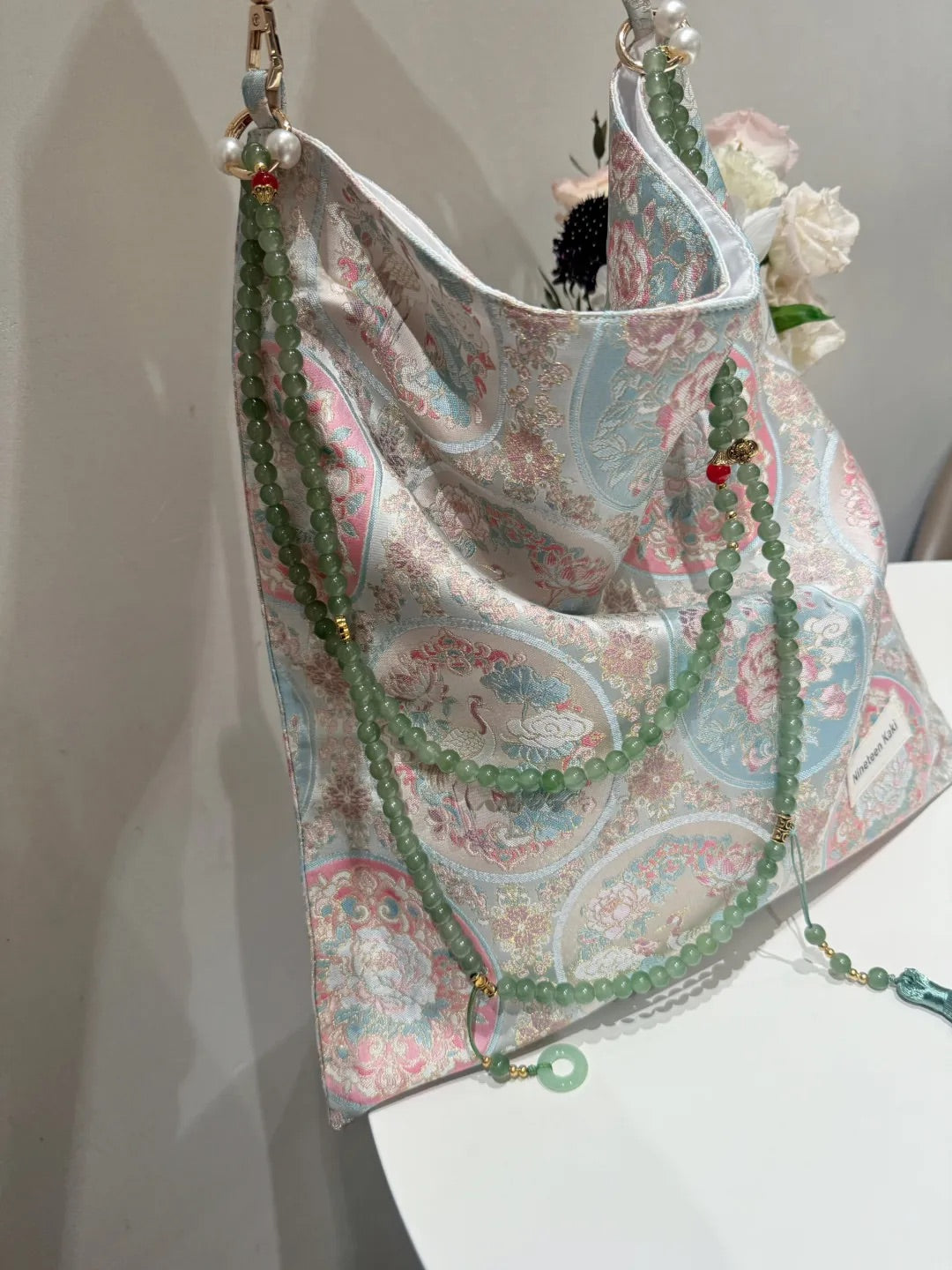 [Chinoiserie] Pink Flower Crane Beaded Tassel Silk Bag