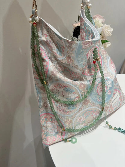 [Chinoiserie] Pink Flower Crane Beaded Tassel Silk Bag