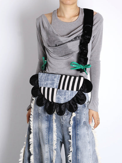 Denim Flower Semicircle Shoulder Bag | bag | Three Fleas