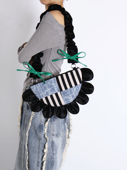 Denim Flower Semicircle Shoulder Bag | bag | Three Fleas