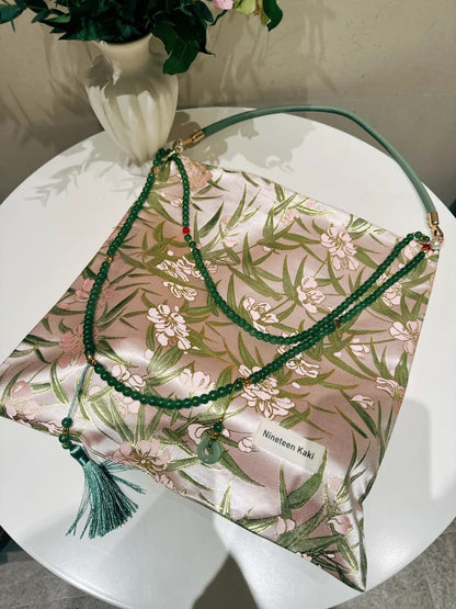 [Chinoiserie] Pink Peach Blossom Bamboo Leaf Beaded Tassel Silk Bag