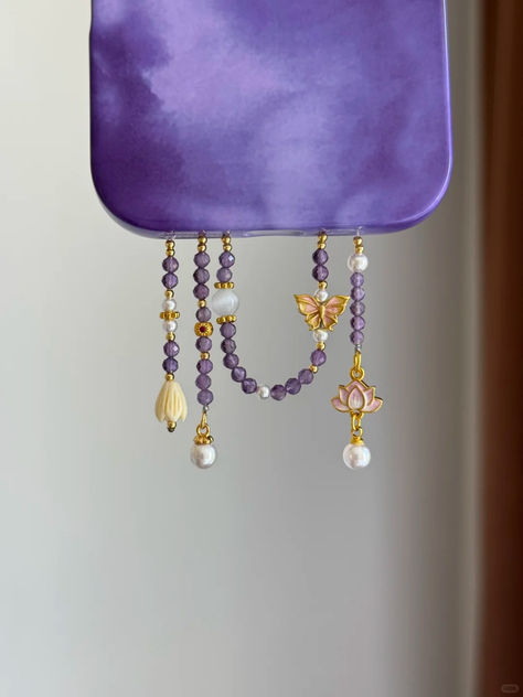 Pink Butterfly And Lotus Purple Beaded Pendant With Phone Case