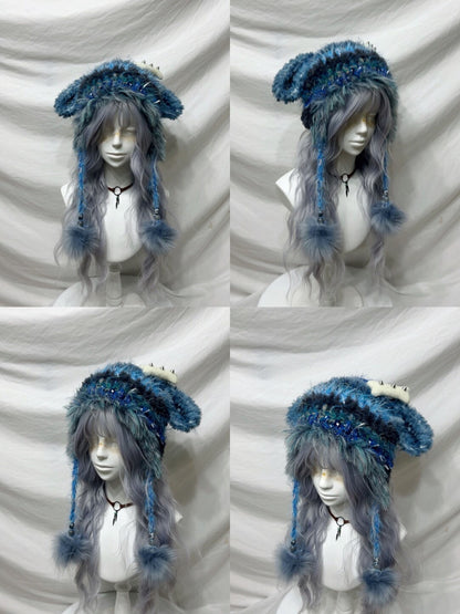 Plush Animal Ear Pom-Pom Crochet Hat