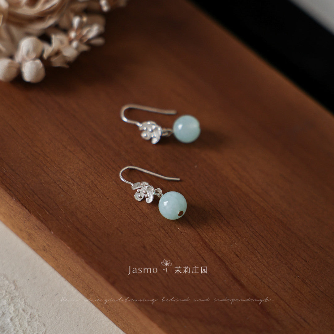 8mm Amazonite Stone Silver Flower Earrings