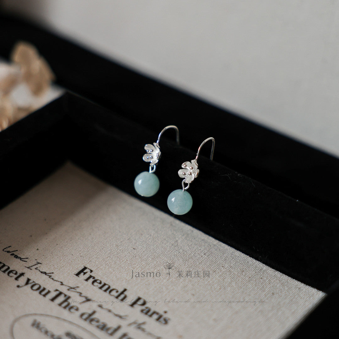 8mm Amazonite Stone Silver Flower Earrings