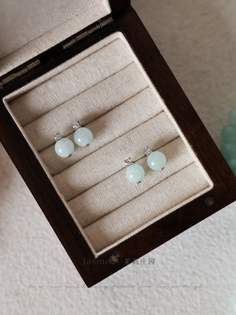 8mm Amazonite Stone Zircon Silver Earrings