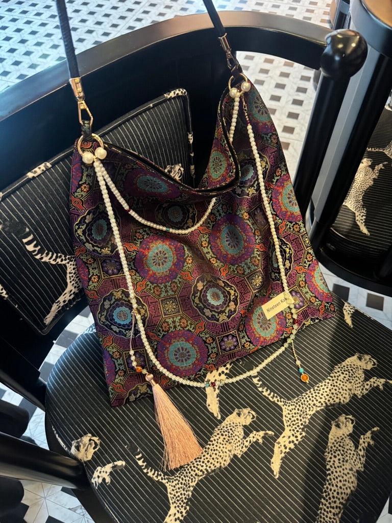 [Chinoiserie]Good Fortune Purple Beaded Tassel Silk Bag