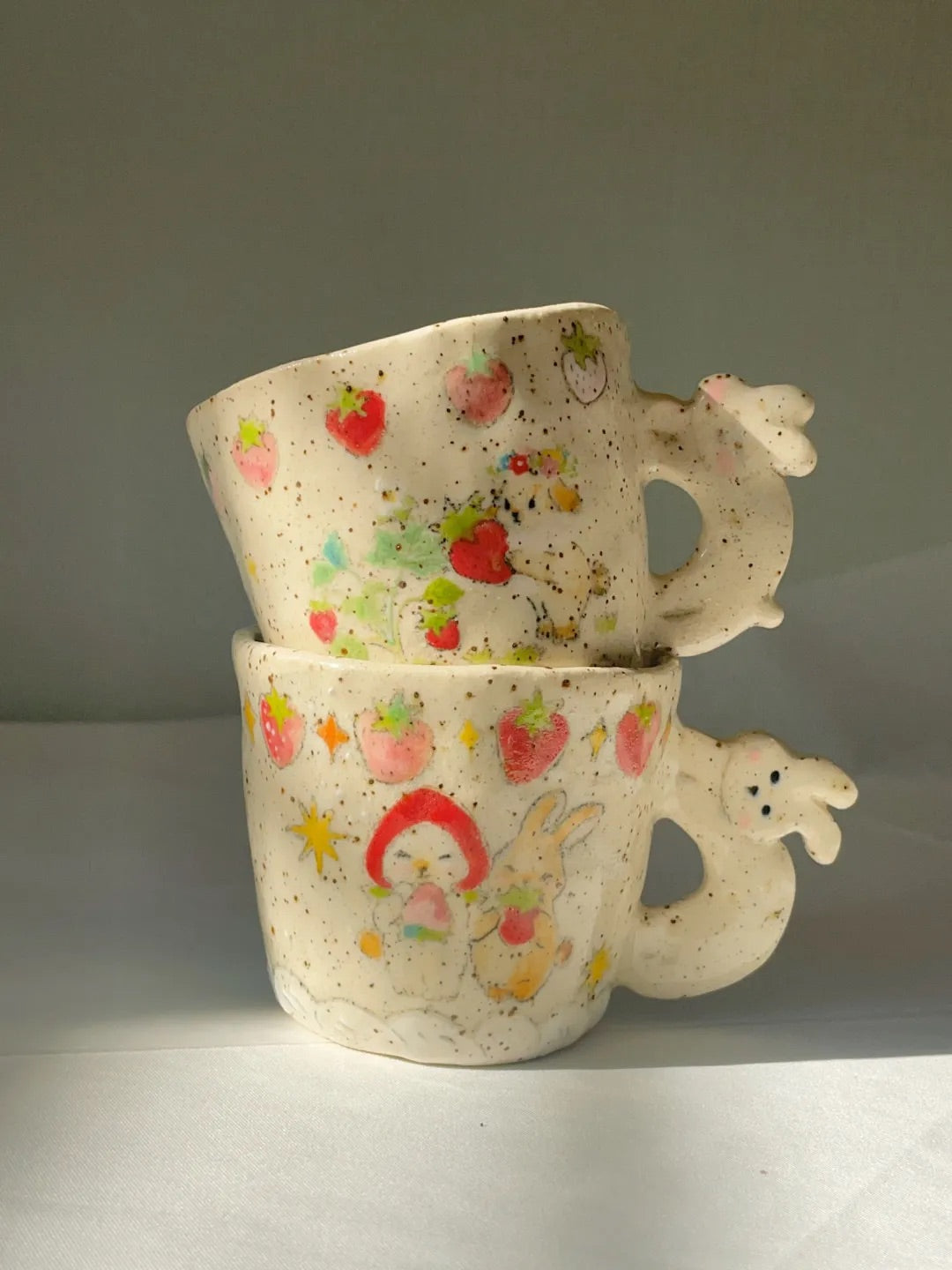 Strawberry Bunny Hand-Painted Ceramic Plate | Mug/Cup | Three Fleas