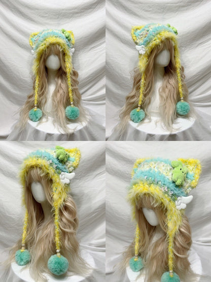 Plush Animal Ear Pom-Pom Crochet Hat