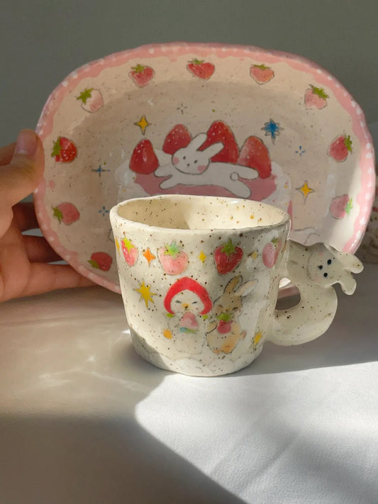 Strawberry Bunny Hand-Painted Ceramic Plate | Mug/Cup | Three Fleas