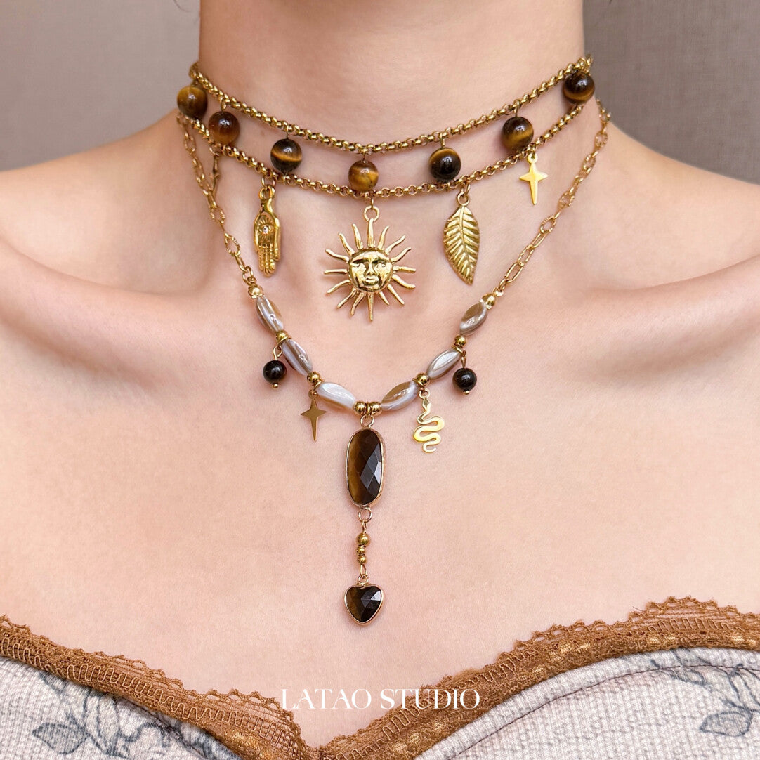 Amber Candy Sun Pendant Beaded Layered Necklace