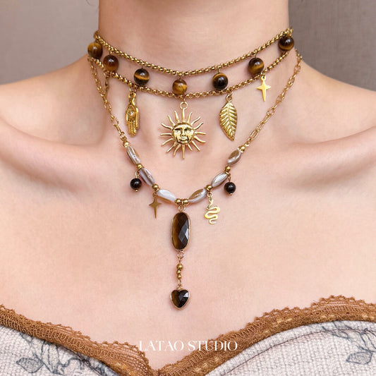 Amber Candy Sun Pendant Beaded Layered Necklace